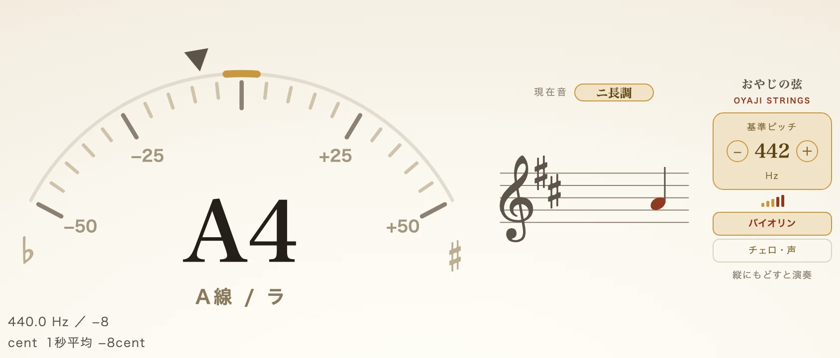 横向きのチューナー。大きな円弧のメーターと音名A4、その下にA線・ラ、右に基準ピッチと測る対象。